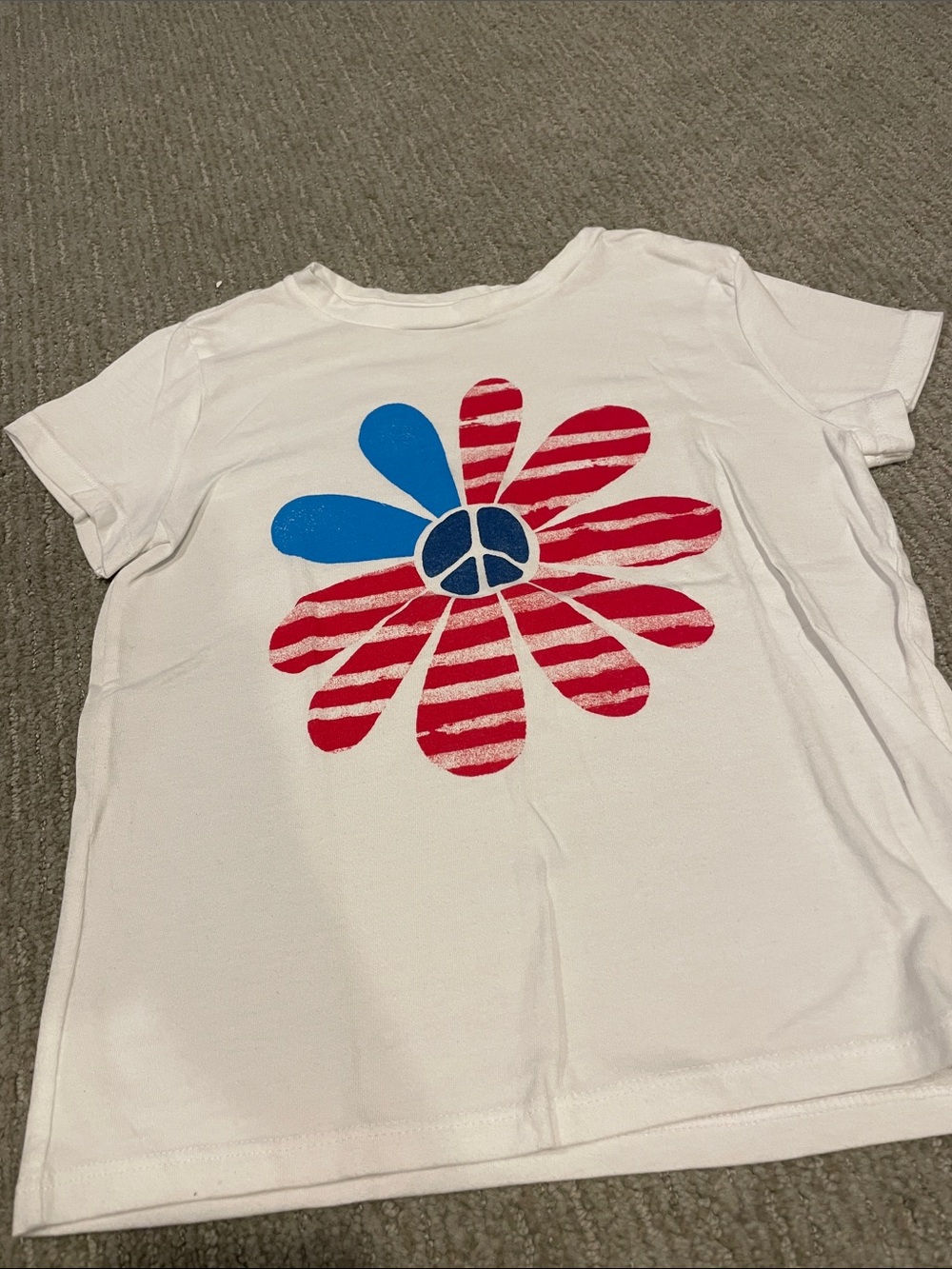 Old Navy White Tee with Red Striped & Blue Peace Daisy
